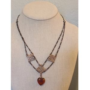 Copper Filigree Station Faceted Heart Pendant Toggle Clasp Antiqued Necklace